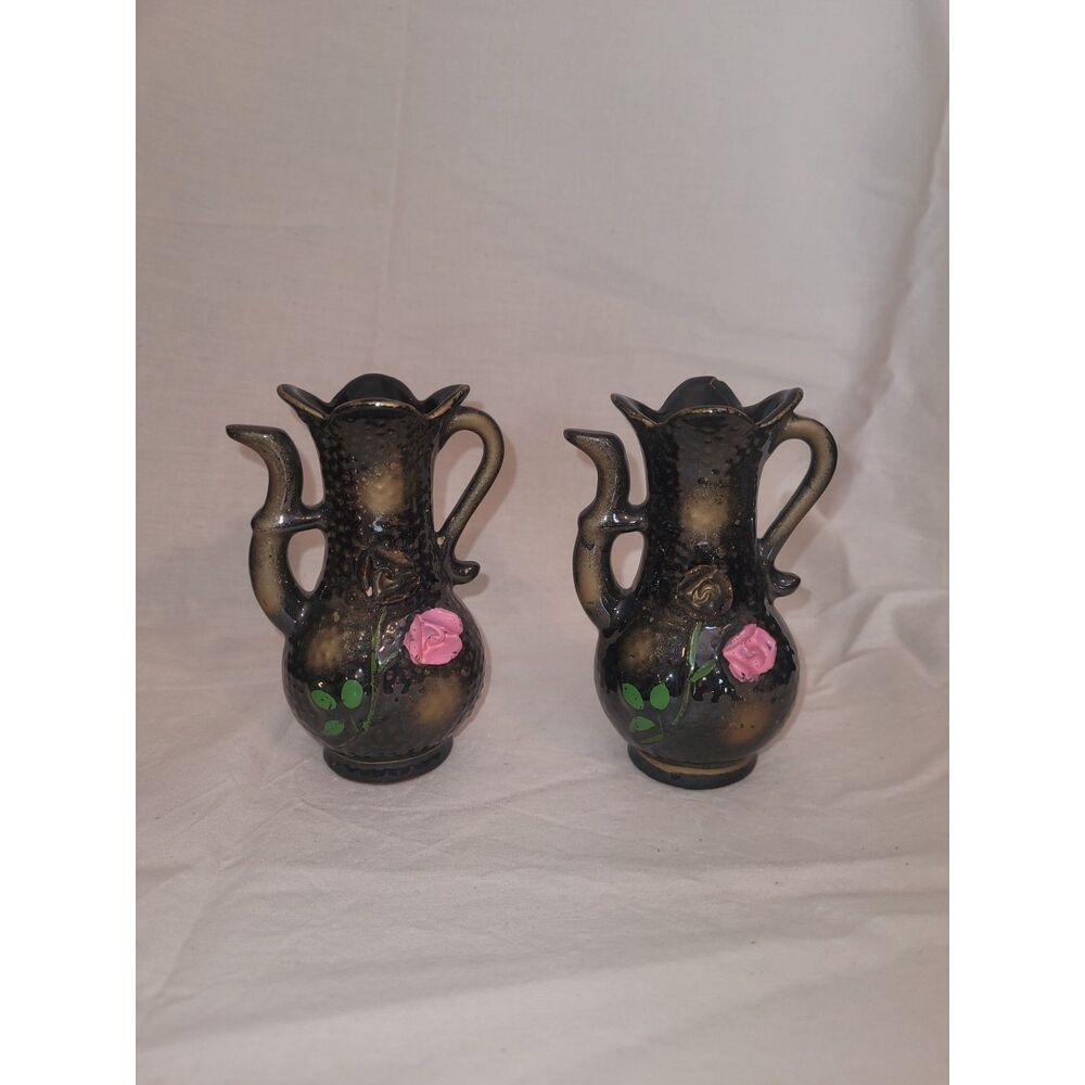 VTG Pair Mid-Century Japanese Ceramic Mini Vases, Hand Painted Pink Roses, Japan